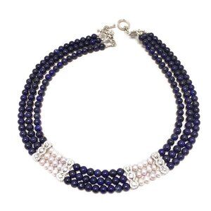 Three Strands Lapis  And Silver Pearl necklace